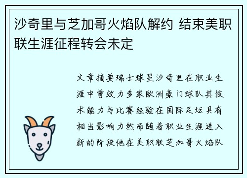 沙奇里与芝加哥火焰队解约 结束美职联生涯征程转会未定