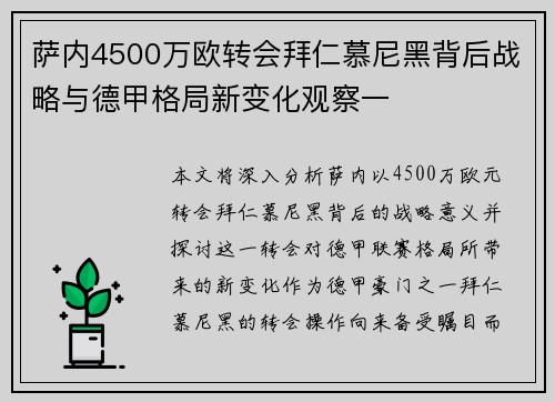 萨内4500万欧转会拜仁慕尼黑背后战略与德甲格局新变化观察一